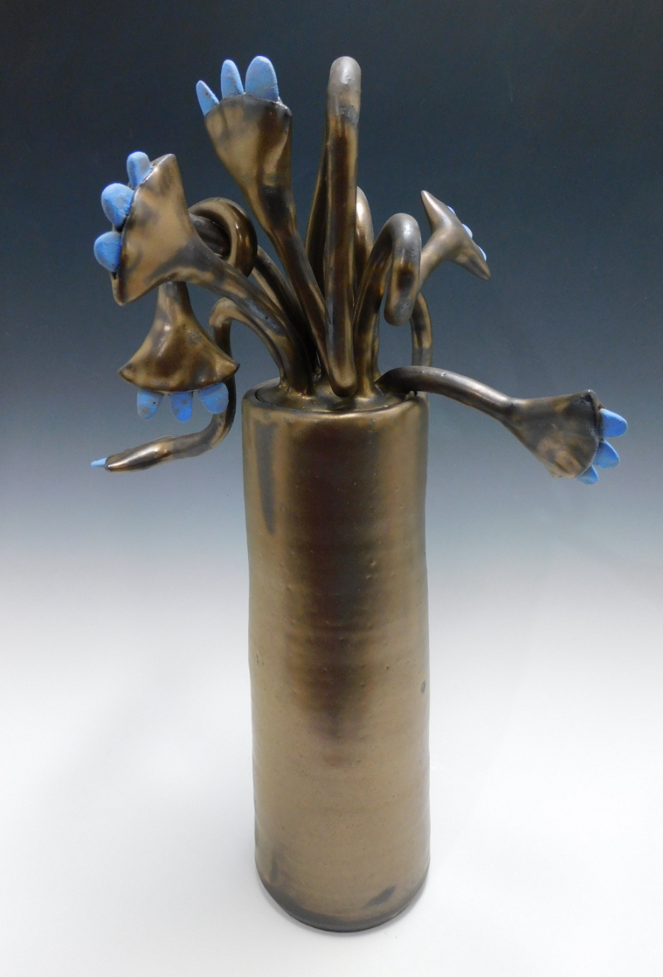 Bronze Baby Blue Blossoms Covered Jar